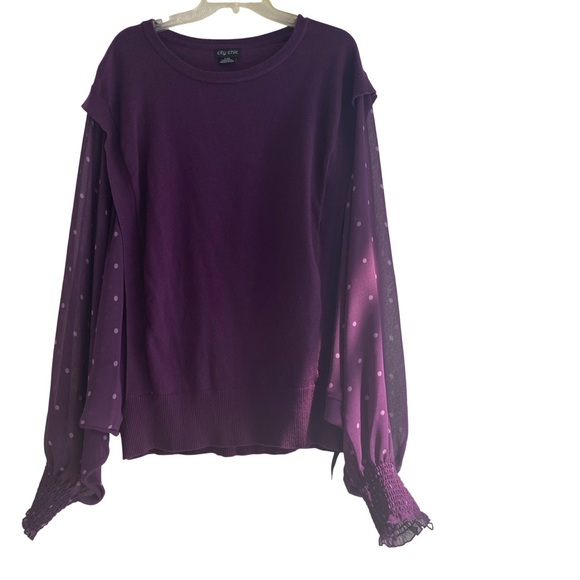 Women Plus Sz  Purple Knit Sweater Polka Dot  Sheer Balloon Sleeve Trendy Cozy - Picture 1 of 13